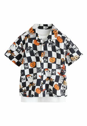 Sort og hvid ternet kortærmet skjorte med Halloween-tema ikoner inklusive spøgelser, græskar, flagermus, kranier og katte på skateboards.