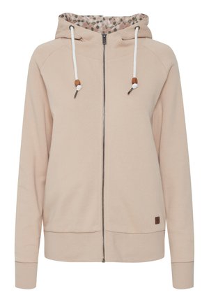 Helle pinke Zip-Hoodie mit einem floral gemusterten Innenfutter in der Kapuze, weißen Kordeln mit Holzakzenten sowie gerippten Bündchen und Saum.
