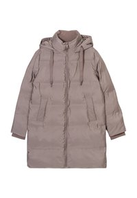 Chaqueta acolchada de suave tela marrón, con cierre de cremallera frontal, gran capucha y bolsillos laterales. Los paneles texturizados realzan su diseño general.