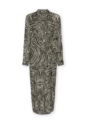 Sort-hvid slå-om-kjole med lange ærmer, abstrakt labyrintmønster og krave.