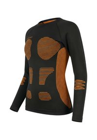 Long-sleeve athletic shirt in black with orange striped accents and textured pattern. Material is stretchable, designed for form fitting.