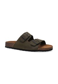Olivgrüner Riemchenschuh mit zwei verstellbaren Schnallen, Korkfußbett und einer strukturierten schwarzen Gummisohle. Lässiges und offenes Design.