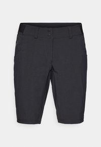 Shorts noirs en tissu léger, avec un devant plat, deux poches avant et une texture lisse avec fermeture à bouton à la taille.