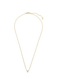 Guldhalskæde med et delikat trekantet vedhæng prydet med tre små klare sten, lukning med lås og en justerbar forlængelse.