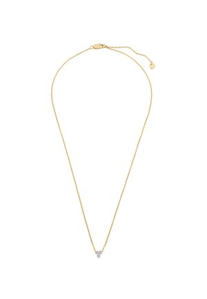 Guldhalskæde med et delikat trekantet vedhæng prydet med tre små klare sten, lukning med lås og en justerbar forlængelse.