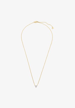 Guldhalskæde med et delikat trekantet vedhæng prydet med tre små klare sten, lukning med lås og en justerbar forlængelse.