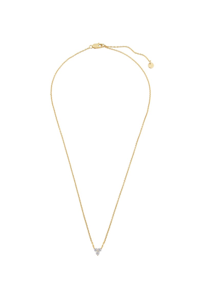 Guldhalskæde med et delikat trekantet vedhæng prydet med tre små klare sten, lukning med lås og en justerbar forlængelse.