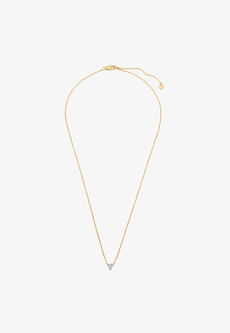 Guldhalskæde med et delikat trekantet vedhæng prydet med tre små klare sten, lukning med lås og en justerbar forlængelse.