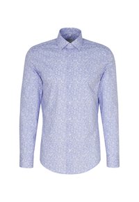 Blauwe lange mouwen shirt met een paisleypatroon, met knoopsluiting en knoopsluiting aan de voorkant. Gemaakt van lichte stof met een soepele textuur.