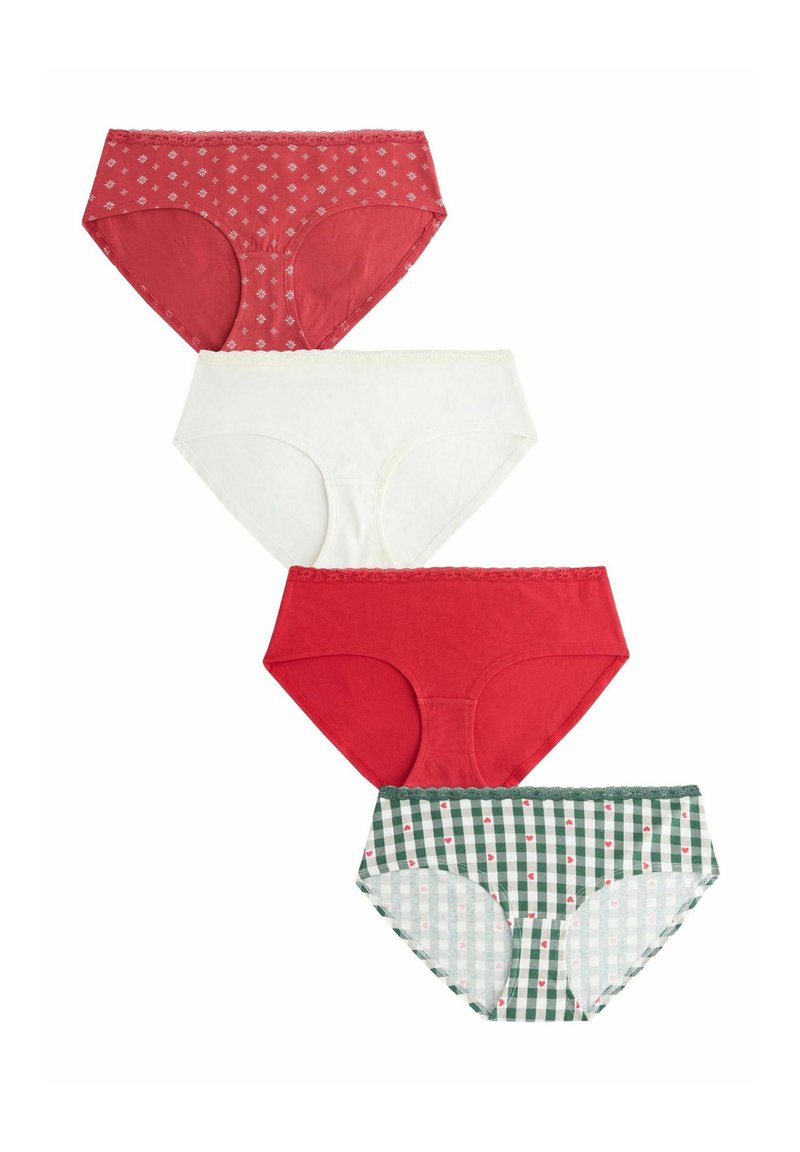 Four pairs of women's cotton panties: red with floral prints, plain white, solid red, and green checkered with small hearts.
