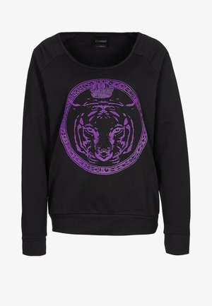 Sudadera negra con un destacado gráfico de un tigre púrpura dentro de un diseño circular, con cuello redondo y mangas largas.