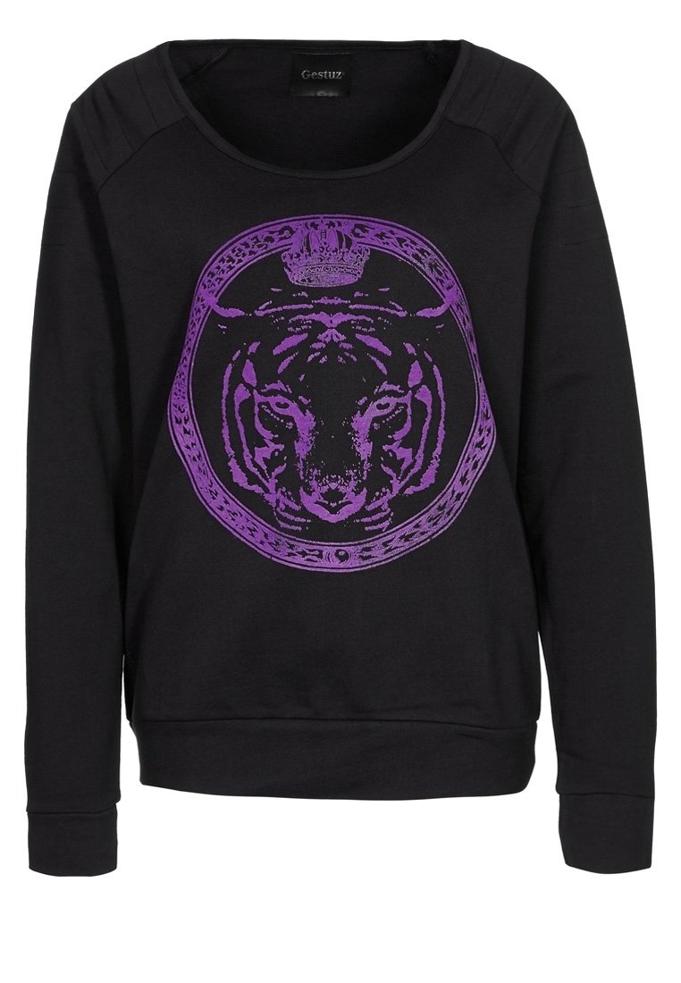 Felpa nera con un vistoso grafico di una tigre viola all'interno di un design circolare, con scollo rotondo e maniche lunghe.