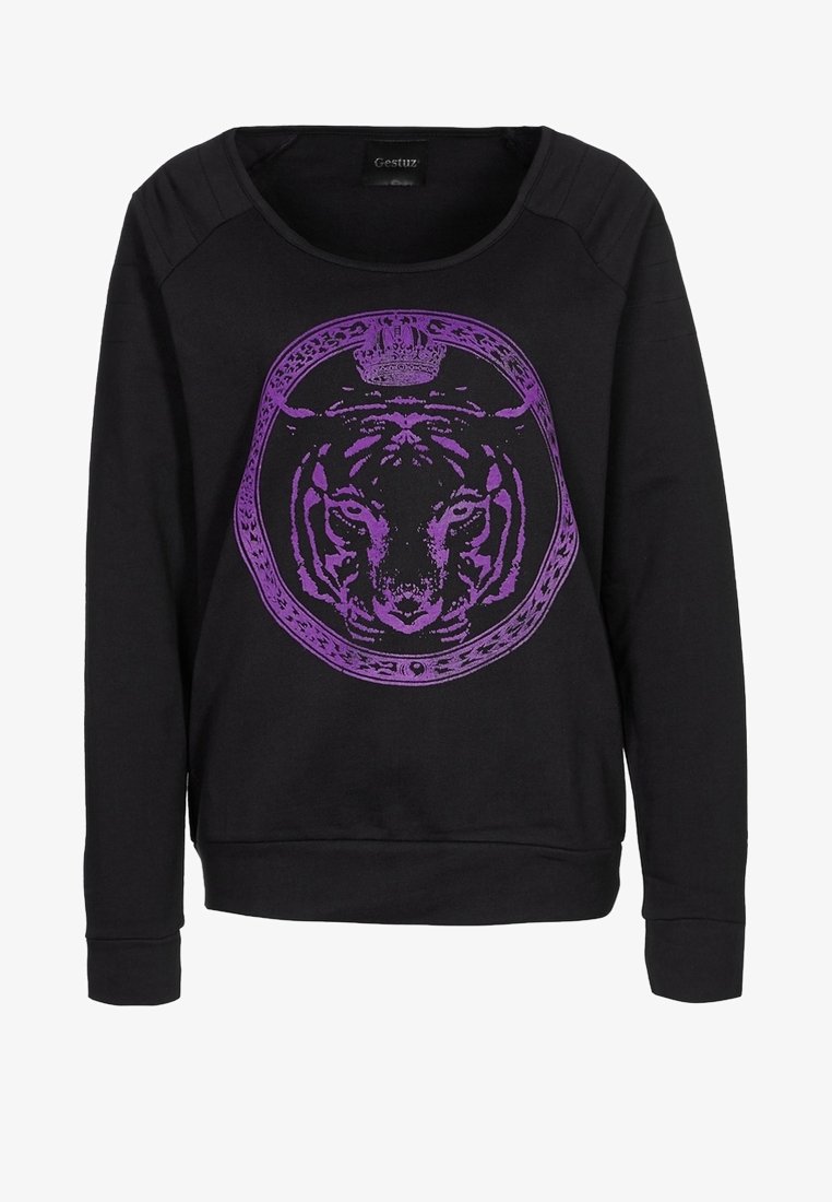 Svart sweatshirt med en framträdande lila tiger grafik inom en cirkulär design, med rund halsringning och långa ärmar.
