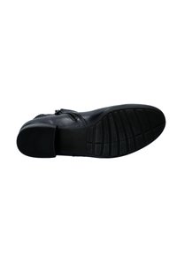 Botte en cuir noir avec un petit talon, semelle texturée et fermeture éclair sur le côté. Elle présente une finition lisse et une zone de orteil renforcée.