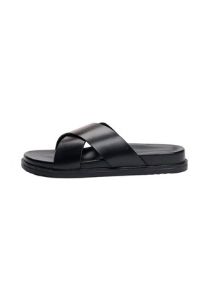 Sandale slide noire avec larges brides en cuir croisées et semelle plate, vue de côté sur fond blanc.