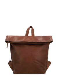 Brown leather backpack with a roll-top closure, smooth texture, and side pockets. Features a top handle and contrasting stitching.