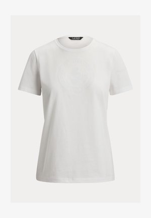 Hvit T-skjorte for kvinner med korte ermer, rund hals og subtil preget rund logo på forsiden, merket Lauren Ralph Lauren.