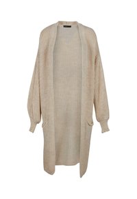 Helles beiges Strickcardigan mit offener Vorderseite, langen Ärmeln, gerippten Bündchen und zwei vorderen Taschen. Strukturiertes Material mit lockerer Passform.