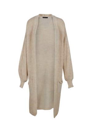 Cardigan en tricot beige clair avec ouverture à l'avant, manches longues, poignets côtelés et deux poches avant. Tissu texturé avec une coupe ample.