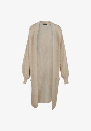 Svetlo béžový pletený kardigán s otvoreným predom, dlhými rukávmi, rebrovanými manžetami a dvoma prednými vreckami. Textúrovaná látka s voľným strihom.