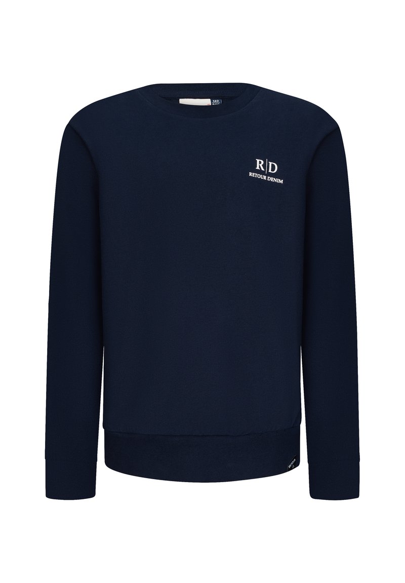 Felpa blu navy realizzata in tessuto morbido, con colletto rotondo, maniche lunghe e un logo bianco sul petto. Polsini e orlo a costine.