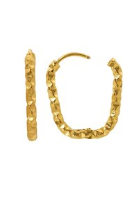Boucles d'oreilles en or avec un design texturé et facetté. La forme est circulaire, avec une fermeture à charnière. Elles présentent une finition métallique brillante.