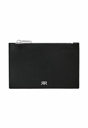 Pochette zippée en cuir noir texturé avec logo "RR" argenté centré près du bas et curseur de fermeture éclair argenté en haut à gauche.