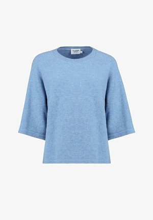 Light blue short-sleeve sweater with a round neckline and soft texture. Features a relaxed fit and ribbed detailing at the neckline.