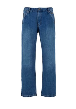 I jeans in denim blu presentano un design a gamba dritta con vita media, cinque tasche e una leggera texture sbiadita.