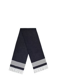 Sciarpa blu scuro in un materiale morbido e texturizzato, con una striscia grigia e bordi frangiati. Misura circa 180 cm di lunghezza.