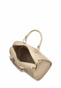 Sac à main beige en cuir texturé avec quincaillerie dorée. Dispose d'une fermeture éclair et d'un compartiment intérieur. Deux poignées solides pour le transport.