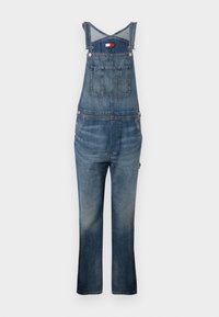Denim overall, blauwe wassing, verstelbare bandjes, twee voorzakken en één borstzak, lichte vervaging op de benen, rechte pasvorm.