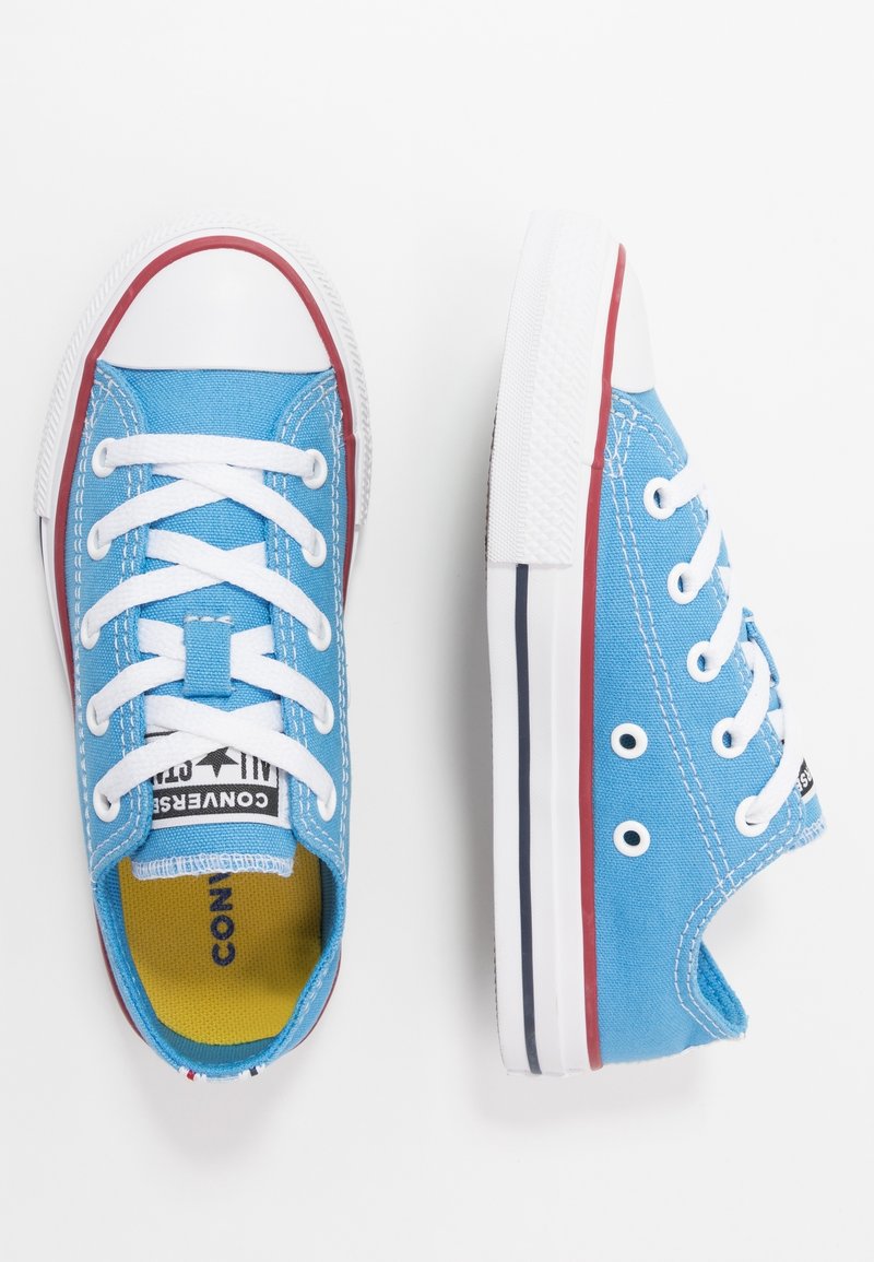 Ett par blåa canvas lågskor med vita snören, röda och vita gummisulor, och gula innersulor, visade från ovan och sidan.