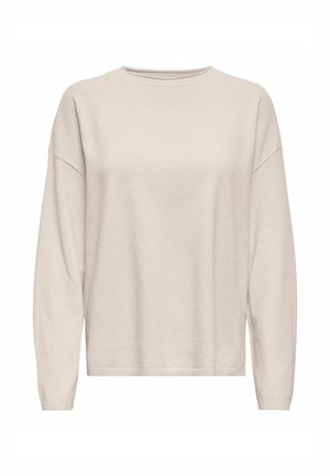 Sweatshirt beige clair avec un col rond, des épaules tombantes et des manches longues ; fabriqué en tissu doux et texturé avec une coupe décontractée.