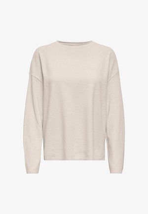 Jasno beżowy sweter z okrągłym dekoltem, opuszczonymi ramionami i długimi rękawami; wykonany z miękkiego, strukturalnego materiału o luźnym kroju.