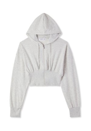 Felpa corta grigio chiaro in tessuto morbido, con zip frontale, cappuccio e polsini a costine per una vestibilità aderente.