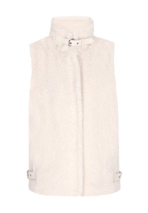 Cream faux shearling vest with a high collar, front closure, and side buckles. Soft texture with a structured design.
