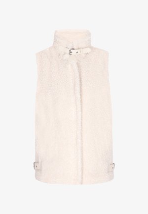 Cream faux shearling vest with a high collar, front closure, and side buckles. Soft texture with a structured design.