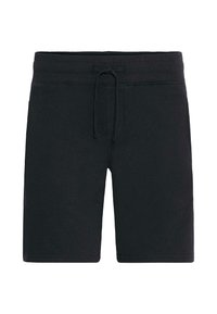 Pantalones cortos deportivos negros hechos de una tela suave, con una cintura elástica y cordón ajustable, textura lisa y corte a la altura de la rodilla.