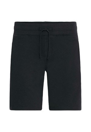 Svart treningsshorts laget av mykt stoff, med elastisk liv med snor, glatt tekstur og lengde til knærne.