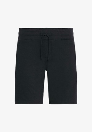 Juodi sportiniai šortai iš minkštos medžiagos, su elastinga juosta ir raišteliu, lygaus paviršiaus ir iki kelių ilgio.