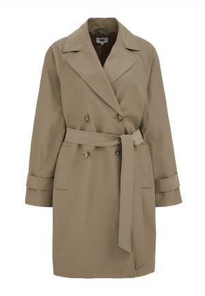Beige trenchcoat med dobbeltradet design, store slag, bælte i taljen, to sidelommer og manchetter på ærmerne. Glat, struktureret stof.
