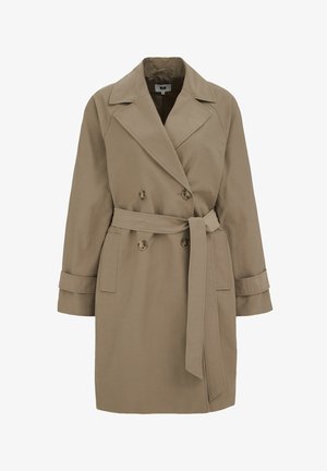 Beige kaksirivinen trenssitakki, jossa suurikokoiset kaulukset, vyötärökaitale, kaksi sivutaskua ja käännetyt hihansuut. Sileä, jämäkkä kangas.