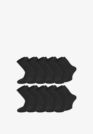 Black cotton socks set, featuring a ribbed texture, mid-calf length, and simple design. Twelve pairs arranged in two rows.