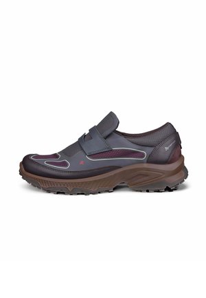 Dark purple and gray athletic shoe with Velcro strap, textured sole, and branded details on the side and heel.