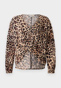 Bluse med leopardprint, V-hals, lange ærmer, knyttet foran og knapdetaljer. Fremstillet af letvægts, tekstureret stof.