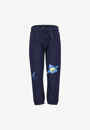 Pantalons de survêtement bleu marine avec une taille élastique, ornés d'un graphique de requin et de détails bleu clair aux genoux. Fabriqués en tissu doux.