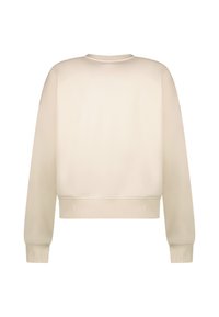 Crème-kleurige cropped sweatshirt gemaakt van zachte stof, met lange mouwen en geribbelde boorden. Gladde textuur en eenvoudig ontwerp.