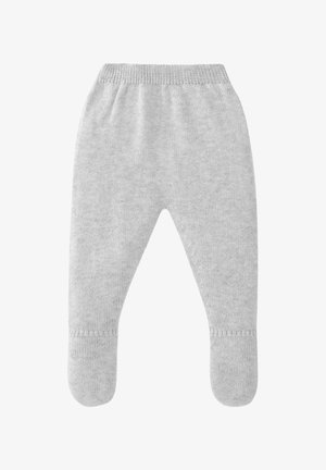 Pantalon de bébé tricoté en gris clair doux avec pieds inclus et taille élastique côtelée.