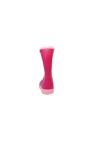Botte de pluie en caoutchouc rose avec un doux contour rose en haut, texture lisse et forme arrondie. Dotée d'une semelle plate rose pour la stabilité.